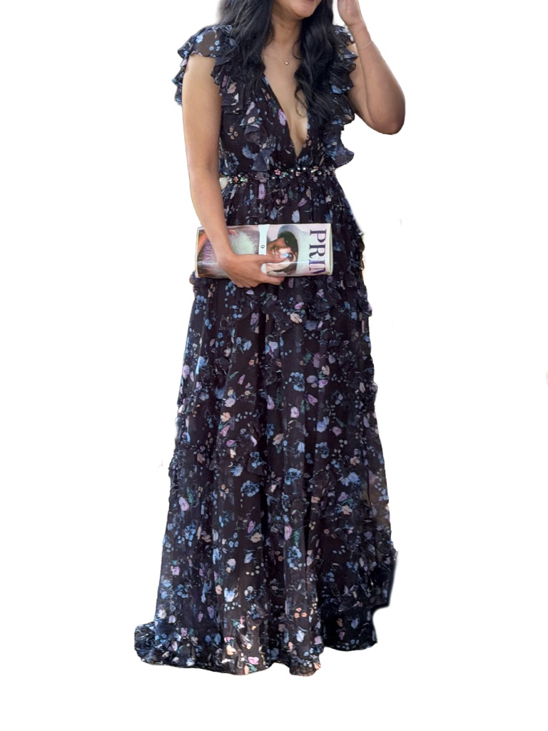 Floral V-Neck Ruffle Gown